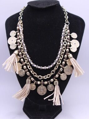 White House Black Market Multi-Strand Gold-Tone Coin Necklace with Cream Tassels